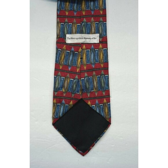 Vintage Metropolitan Museum of Art Silk Tie Red Geometric Blue & Gold Accents - Picture 2 of 6